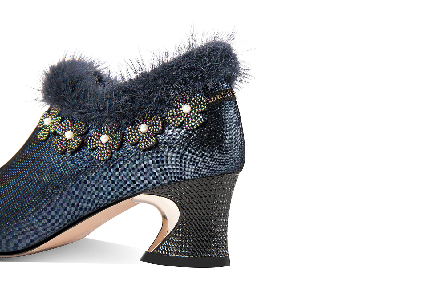 Nine Seven Handmade Women's Genuine Leather Furry Rhinestone Floral Side Zip Pointed Toe Mid Chunky Heel Pumps