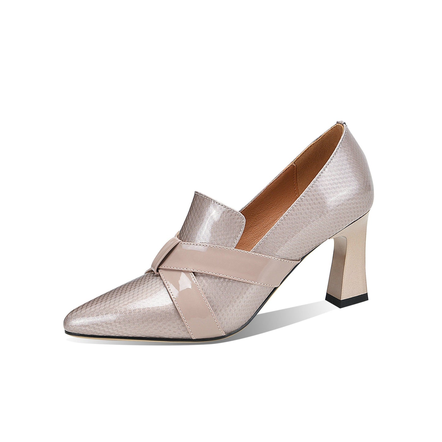 Nine Seven Glossy Genuine/Patent Leather Pointed Toe Handmade Chunky Heels Graceful Women's Dress Pumps