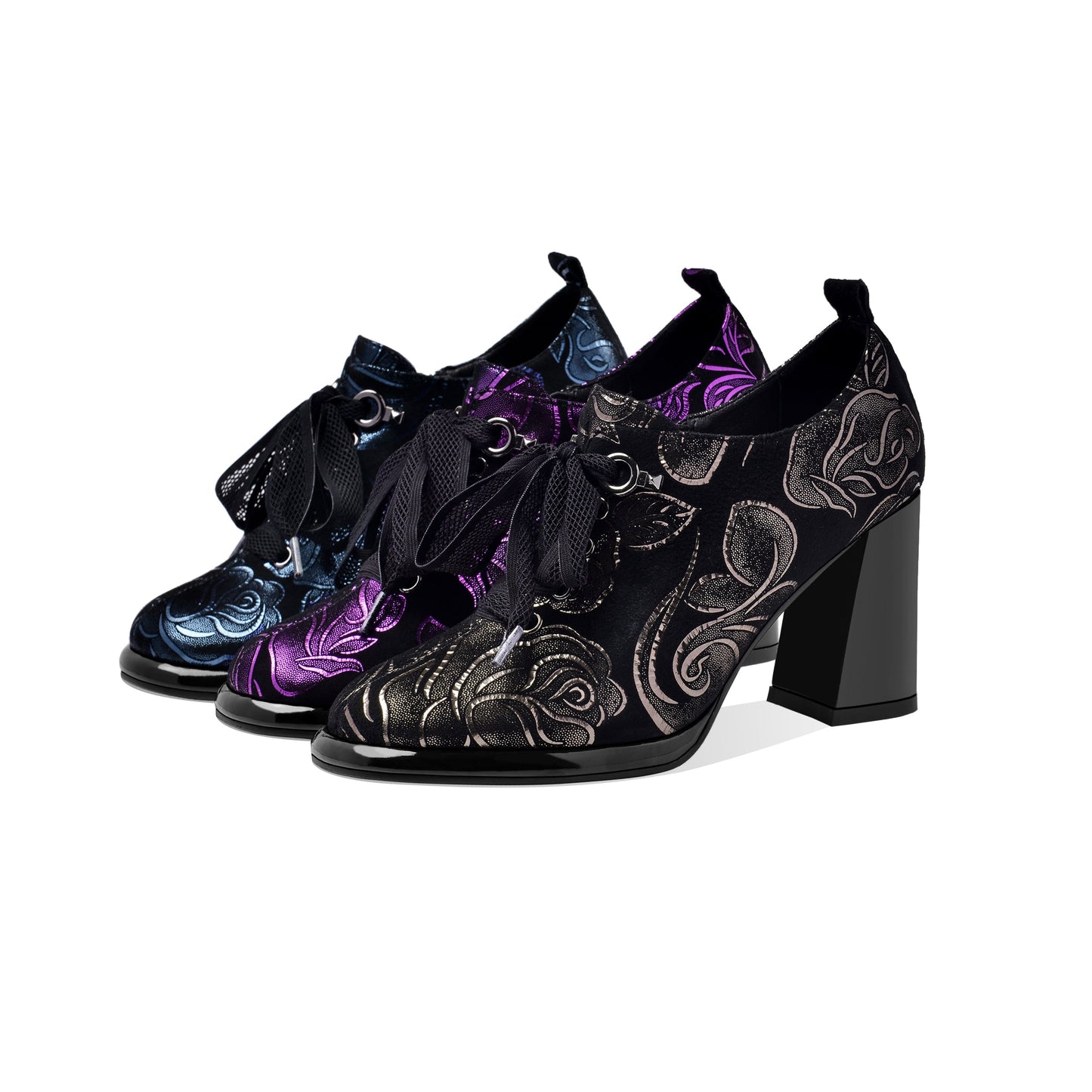 Nine Seven Women's Handmade Printed Suede Leather Platform Round Toe Lace Up Side Zip High Chunky Heel Pumps