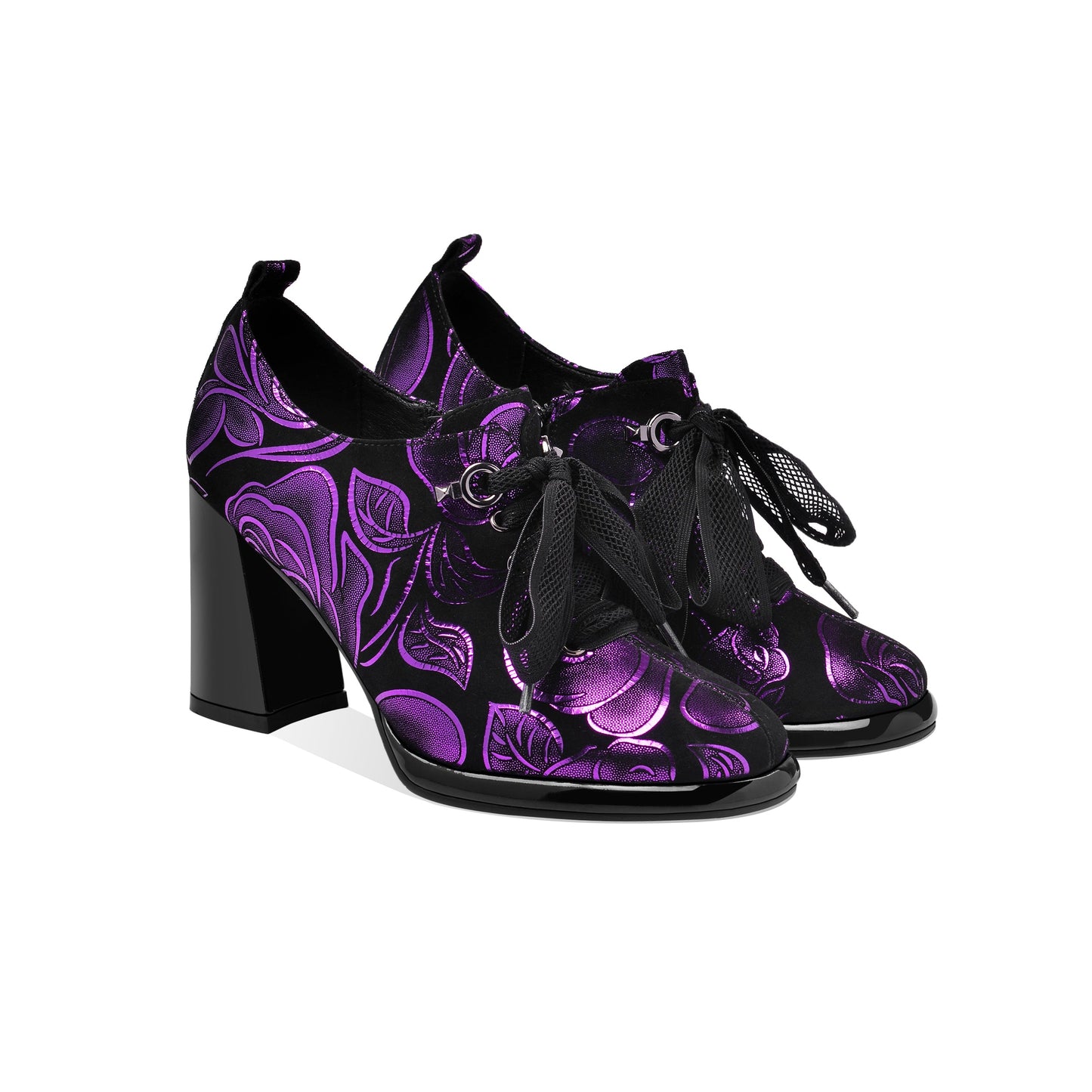 Nine Seven Women's Handmade Printed Suede Leather Platform Round Toe Lace Up Side Zip High Chunky Heel Pumps