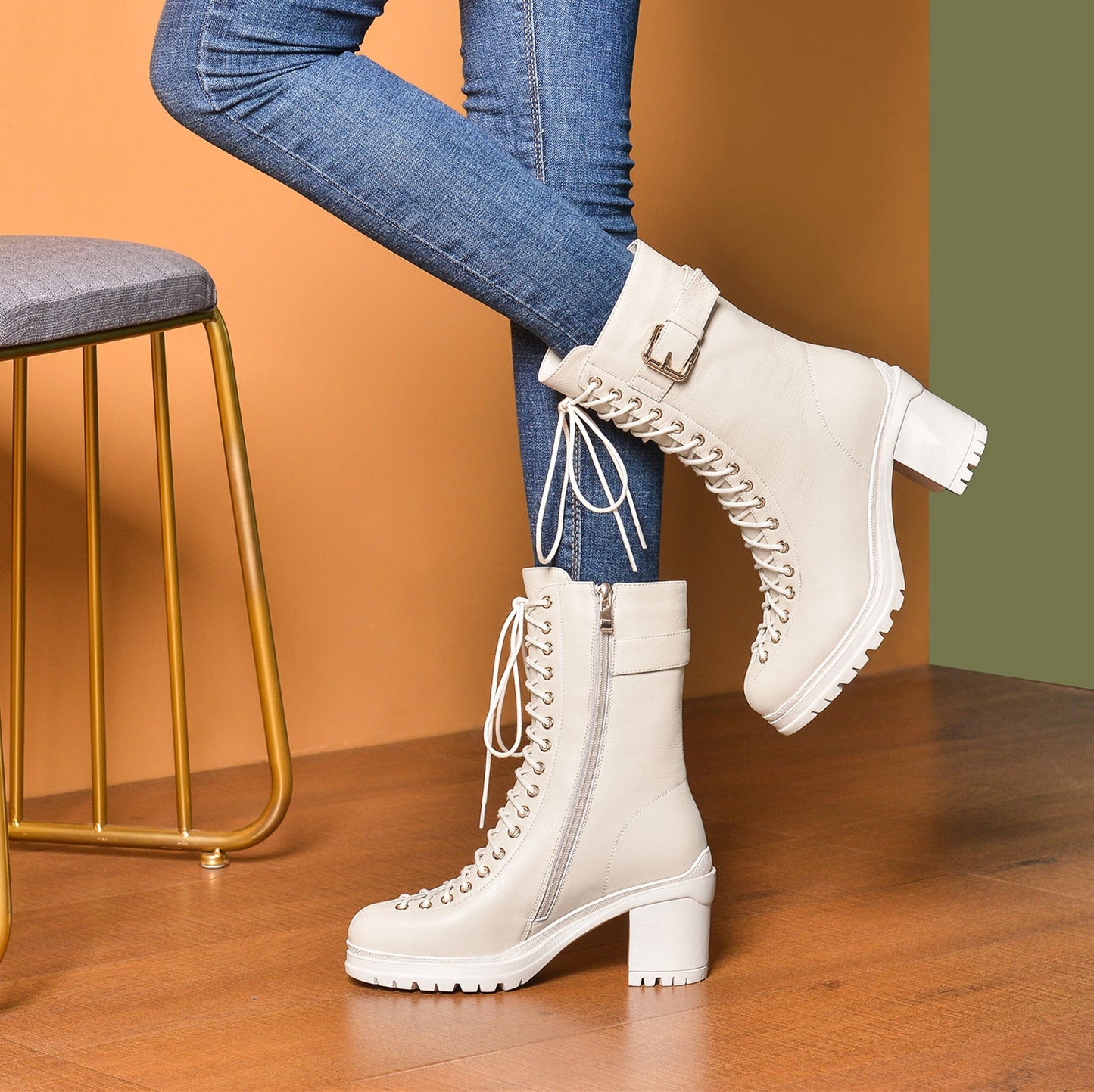 Nine Seven Women's Round Toe Selftie Zip Up Genuine Leather Handmade Chunky Heels Cool Mid-Calf Boots with Buckle