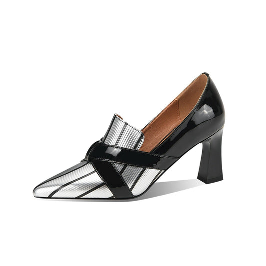 Nine Seven Glossy Genuine/Patent Leather Pointed Toe Handmade Chunky Heels Graceful Women's Dress Pumps