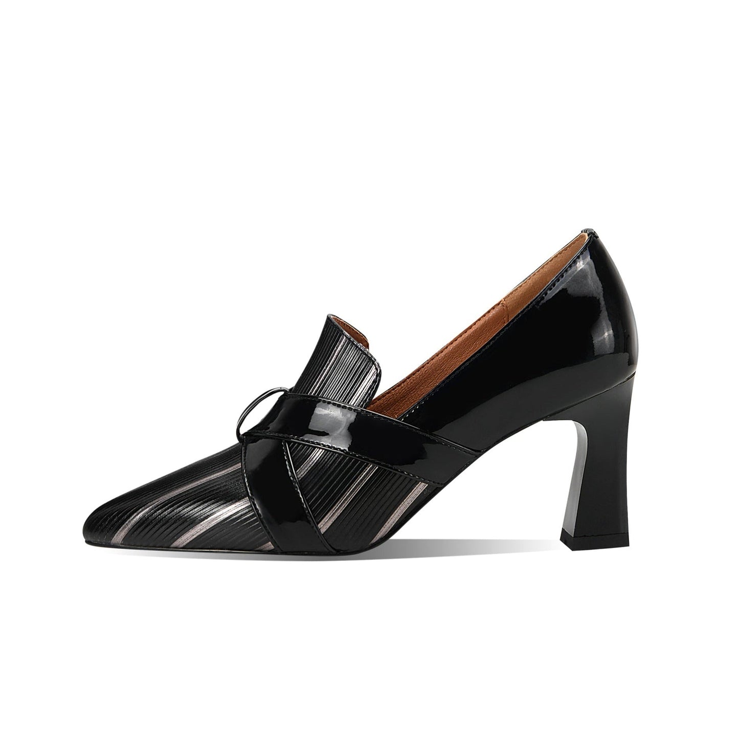 Nine Seven Glossy Genuine/Patent Leather Pointed Toe Handmade Chunky Heels Graceful Women's Dress Pumps