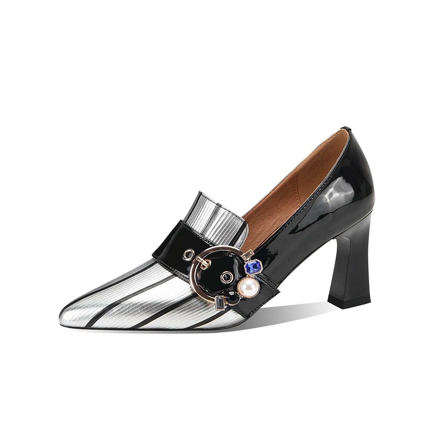 Nine Seven Women's Pointed Toe Glossy Genuine/Patent Leather Handmade Buckle Stylish Pumps Shoes with Mid Heels