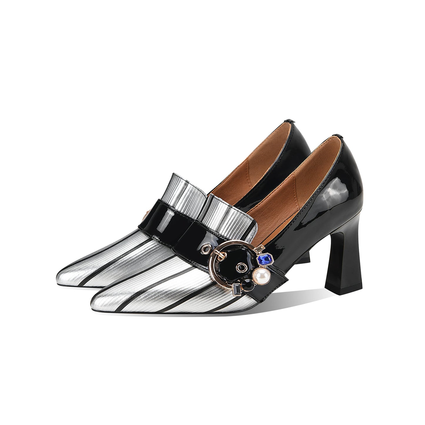 Nine Seven Women's Pointed Toe Glossy Genuine/Patent Leather Handmade Buckle Stylish Pumps Shoes with Mid Heels