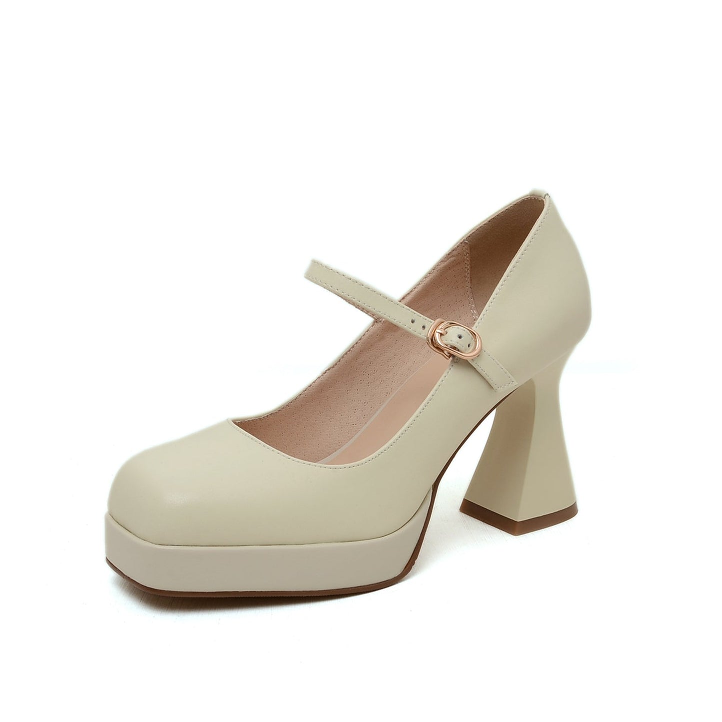 Nine Seven Women's Square Toe Genuine Leather Handmade Platform Chic High Chunky Heels Pumps Shoes with Buckle