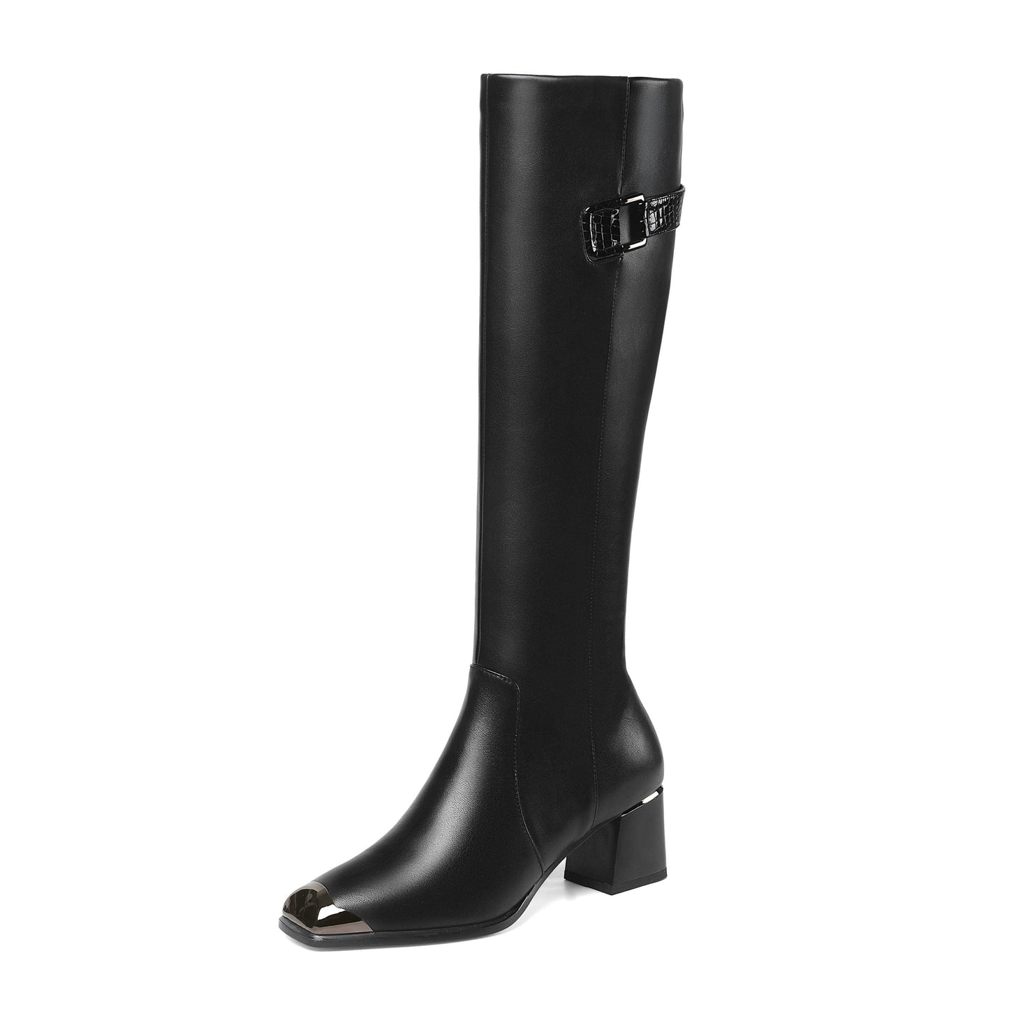 Nine Seven Handmade Women's Genuine Leather Square Toe Mid Chunky Heel Side Zip Up Black Knee High Boots with Buckle Decor