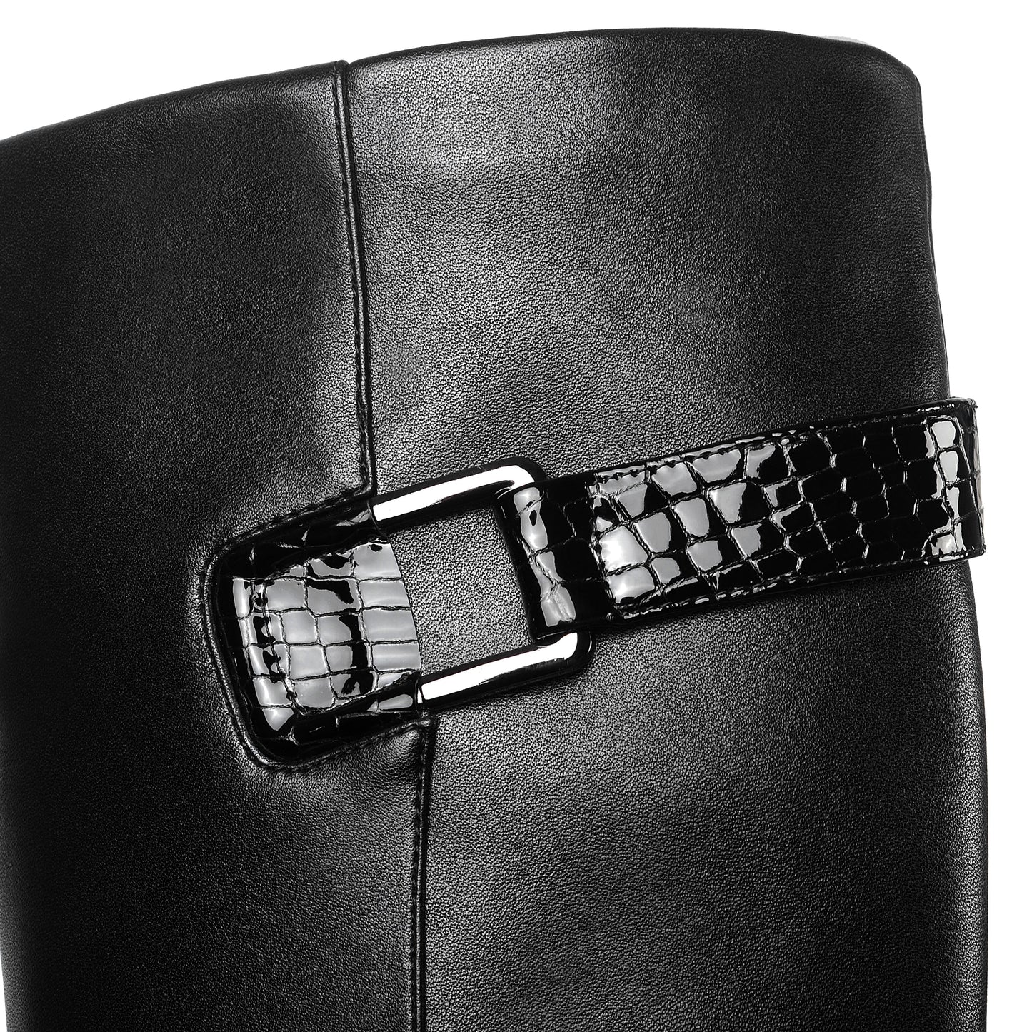 Nine Seven Handmade Women's Genuine Leather Square Toe Mid Chunky Heel Side Zip Up Black Knee High Boots with Buckle Decor