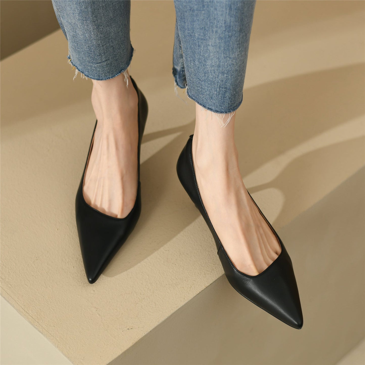 Nine Seven Handmade Genuine Leather Women's Low Heel Slip On Loafer Pumps with Pointy Toe