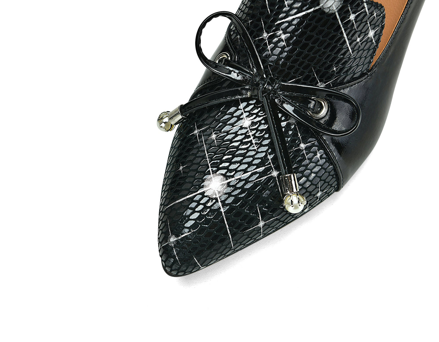 Nine Seven Handmade Women's Glossy Genuine Leather Decor Bowknot Slip On Pointed Toe Mid Cone Heel Pumps Shoes