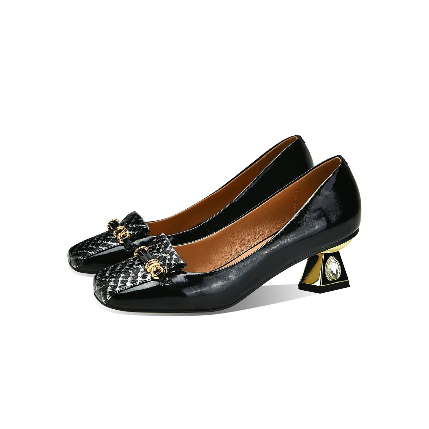 Nine Seven Handmade Women's Genuine Leather Printed Snakeskin Slip On Mid Toe Mid Spool Heel Pumps Shoes