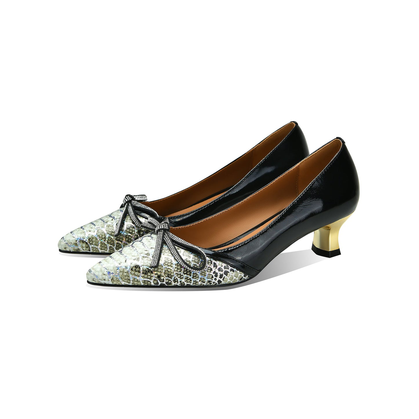 Nine Seven Women's Handmade Genuine Leather Assorted Color Snakeskin Slip On Chunky Heel Pumps Shoes