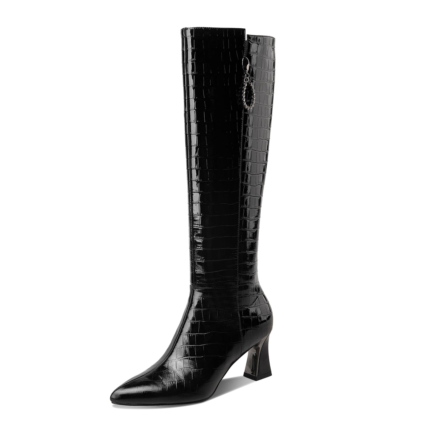 Nine Seven Women's Handmade Embossed Genuine Leather Clear Pointed Toe Mid Spool Heel Side Zip Up Classic Black Knee High Boots