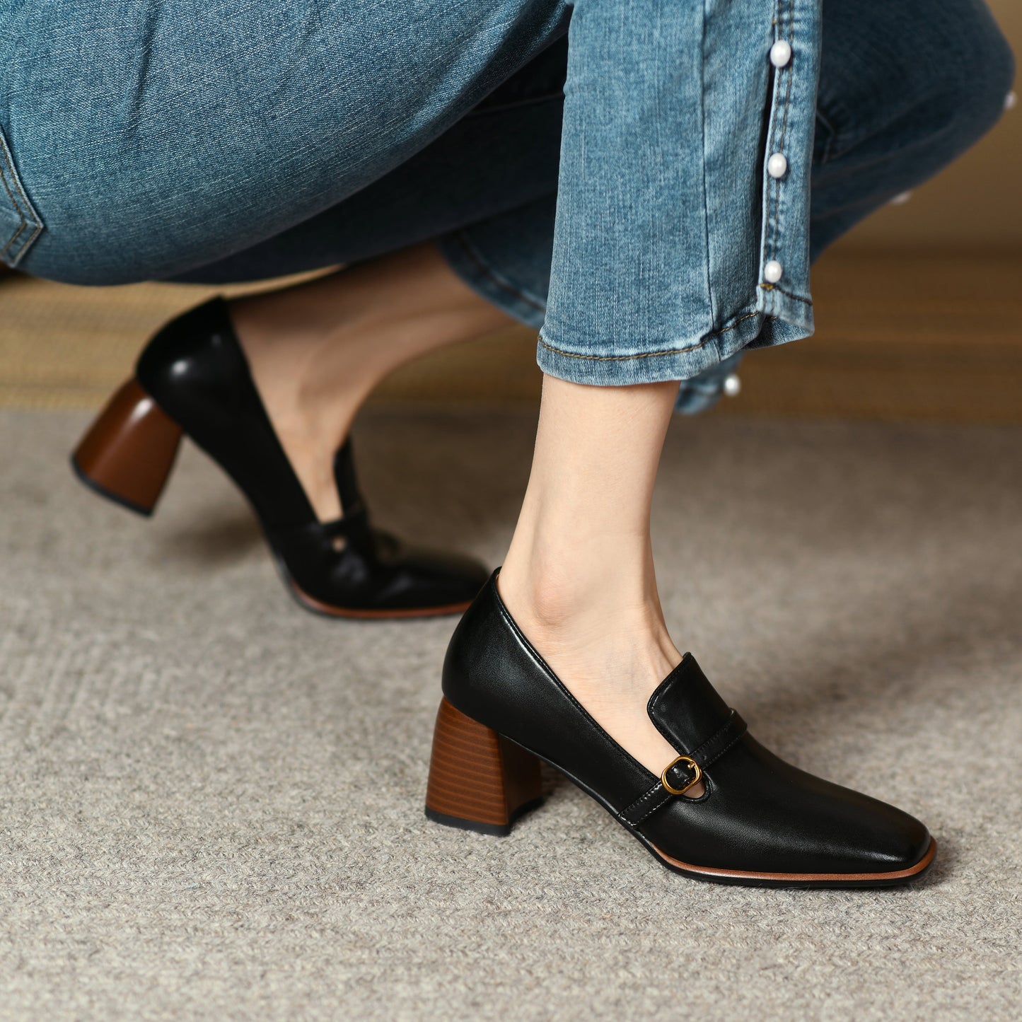 Nine Seven Women's Genuine Leather Square Toe Handmade Buckle Mid Chunky Heels Vintage Pumps Shoes