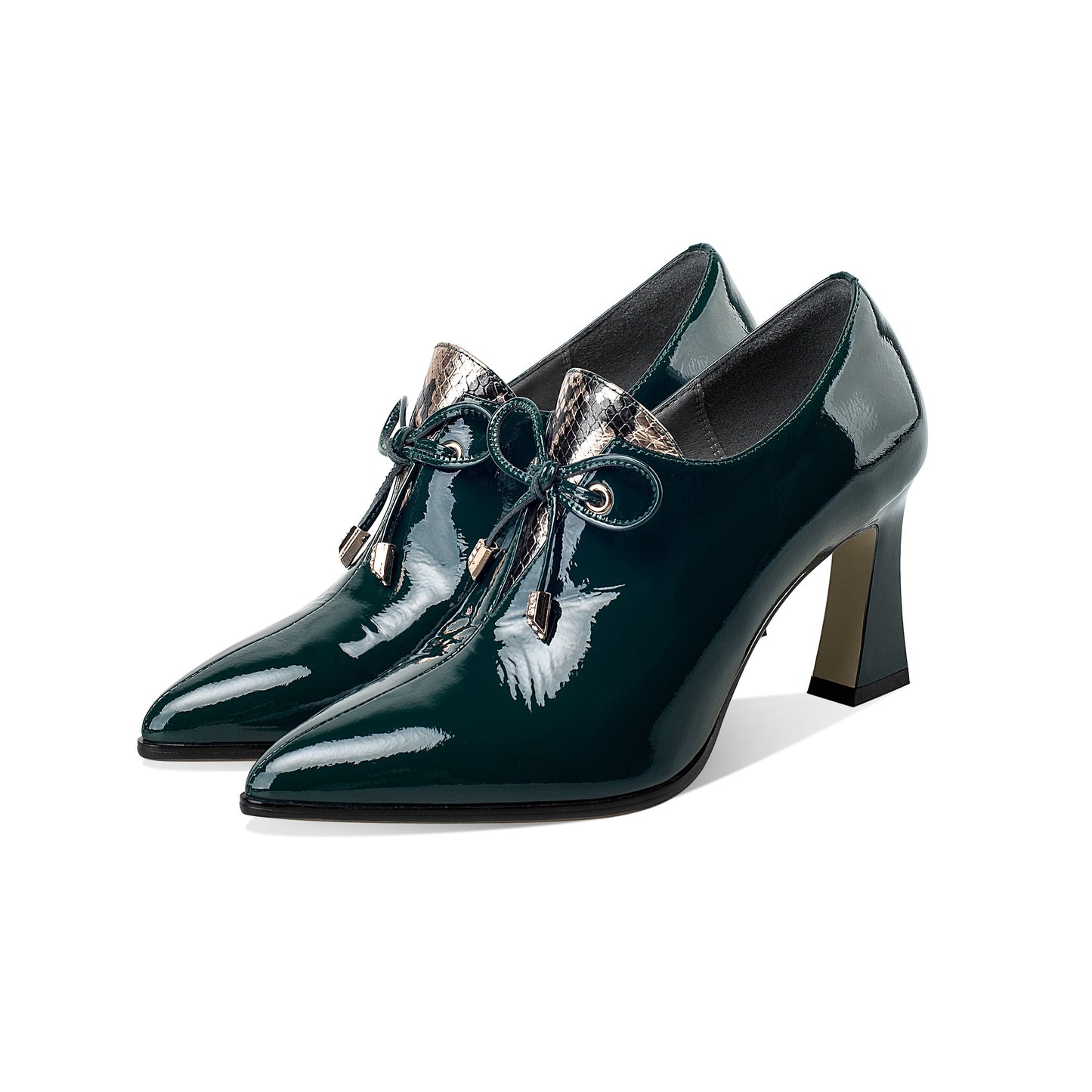 Nine Seven Women's Patent Leather Handmade High Spool Heel Pointed Toe Zip Up Pump Shoes with Bownot