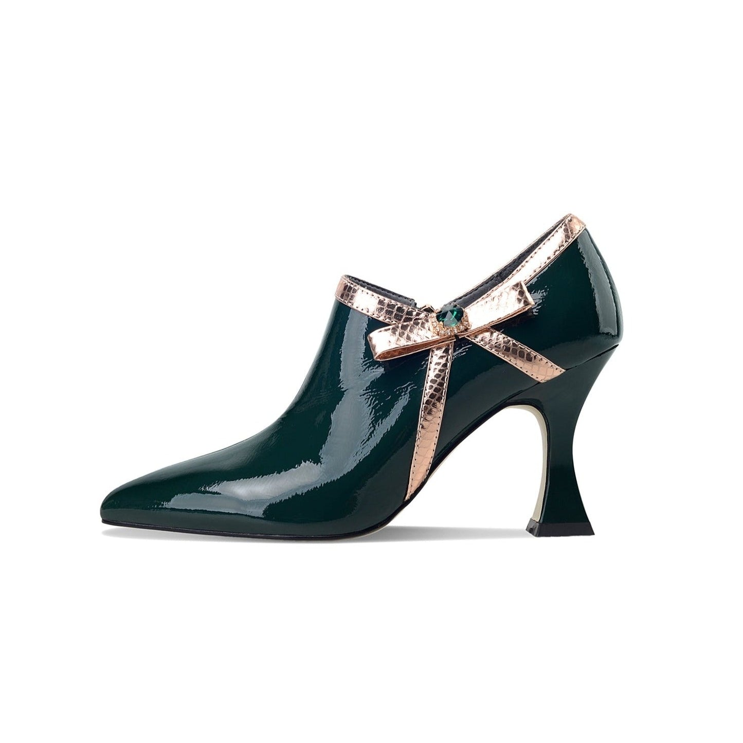 Nine Seven Women's Patent Leather Handmade High Stiletto Heel Side Zip Up Pointed Toe Pump Shoes with Crystal Bowtie