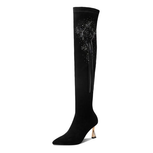 Nine Seven Women's Handmade Suede Leather Pointed Toe Sexy High Heel Stretch Slip On Black Over the Knee High Boots with Floral Tassel