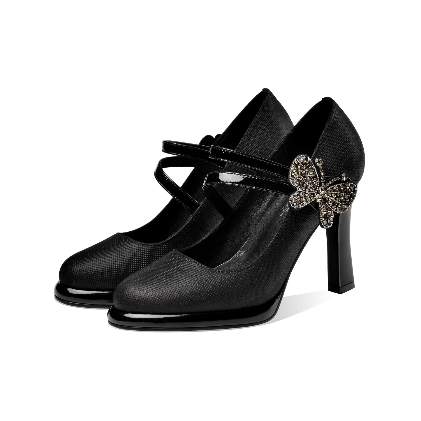 Nine Seven Women's Leather Handmade Round Toe Belts High Heel Pumps with Butterfly Décor