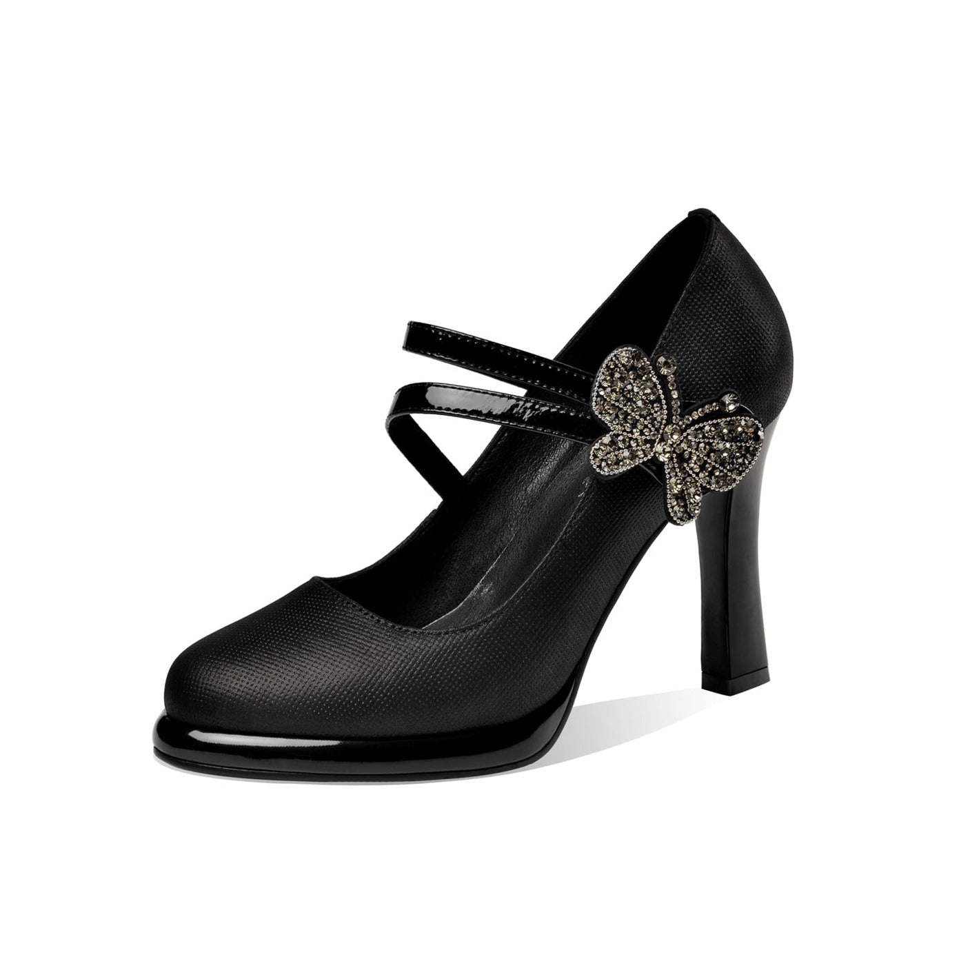 Nine Seven Women's Leather Handmade Round Toe Belts High Heel Pumps with Butterfly Décor