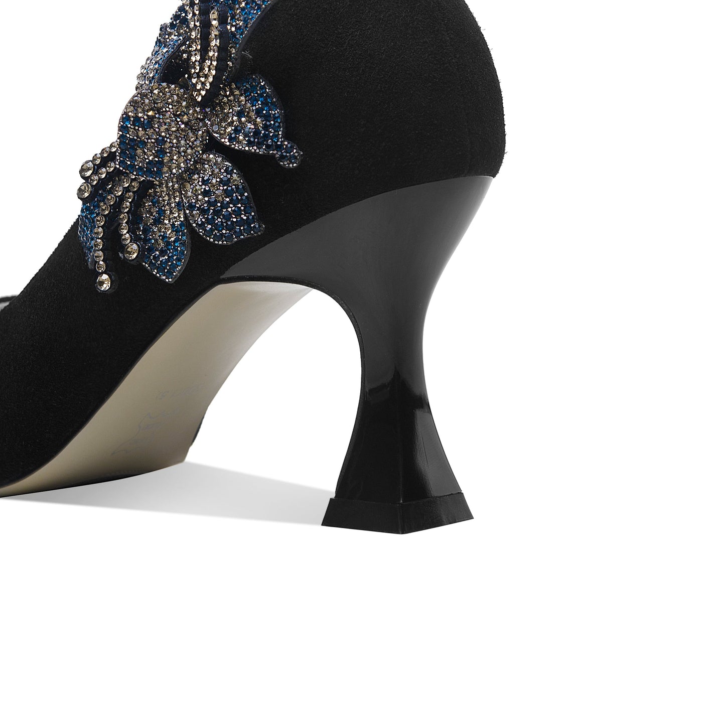 Nine Seven Women's Suede Leather Handmade Clear Pointed Toe Glitter Blue Flower Decor Slip On High Spool Heel Pump Shoes