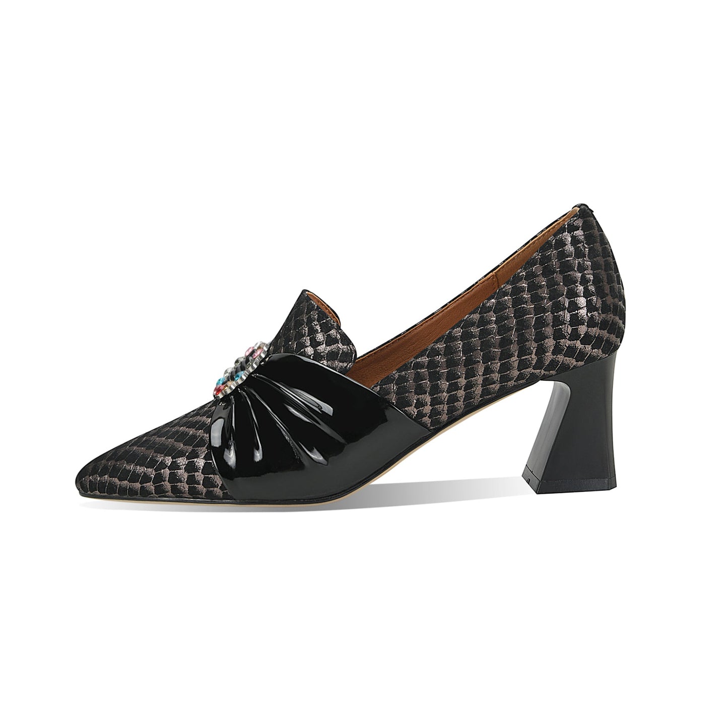 Nine Seven Women's Pointed Toe Genuine Leather Handmade Mid Chunky Heels Graceful Pumps Shoes