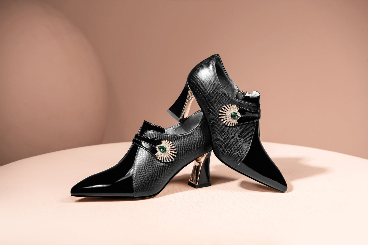 Nine Seven Women's Patent and Genuine Leather Handmade Pointed Toe Spool Heel Green Crystal Side Zip Oxford Pumps