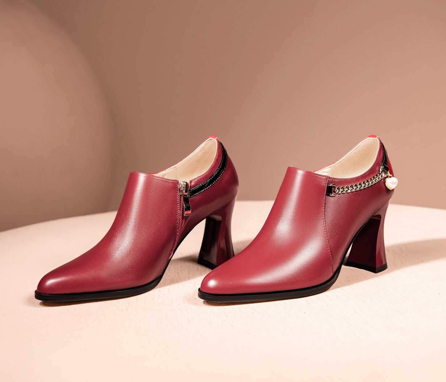 Nine Seven Women's Genuine Leather Handmade Spool Heel Pointed Toe Side Zip Elegant Oxford Pumps with Exquisite Heart Pendant