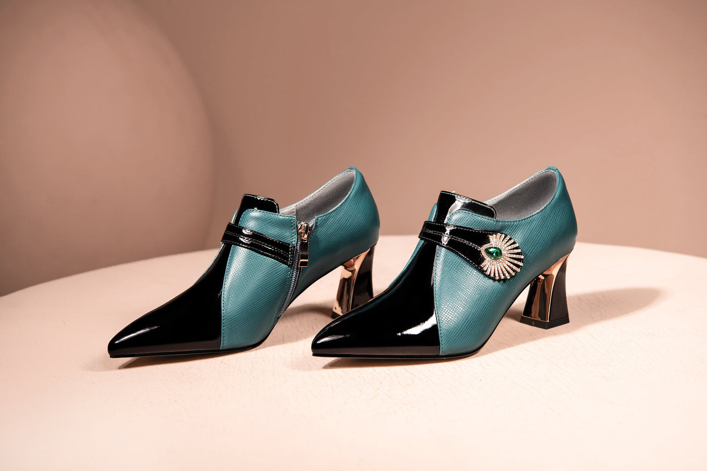 Nine Seven Women's Patent and Genuine Leather Handmade Pointed Toe Spool Heel Green Crystal Side Zip Oxford Pumps