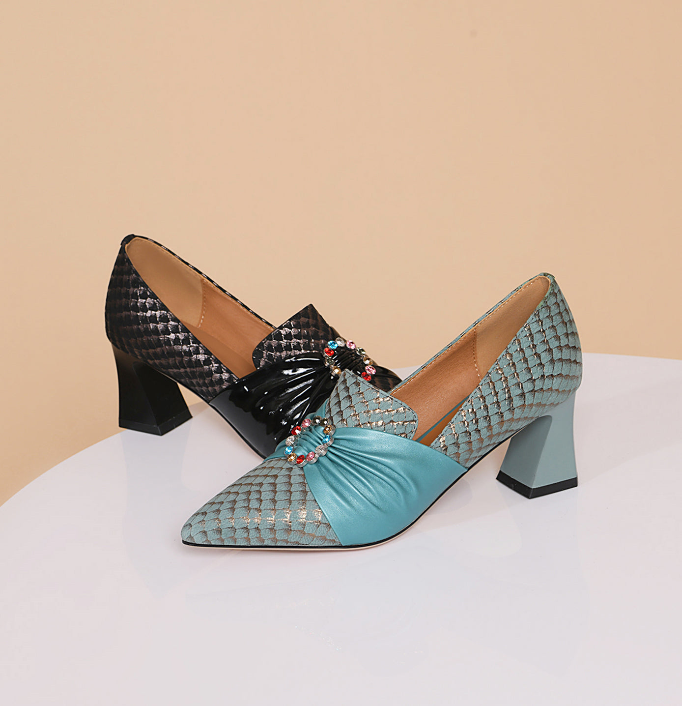 Nine Seven Women's Pointed Toe Genuine Leather Handmade Mid Chunky Heels Graceful Pumps Shoes