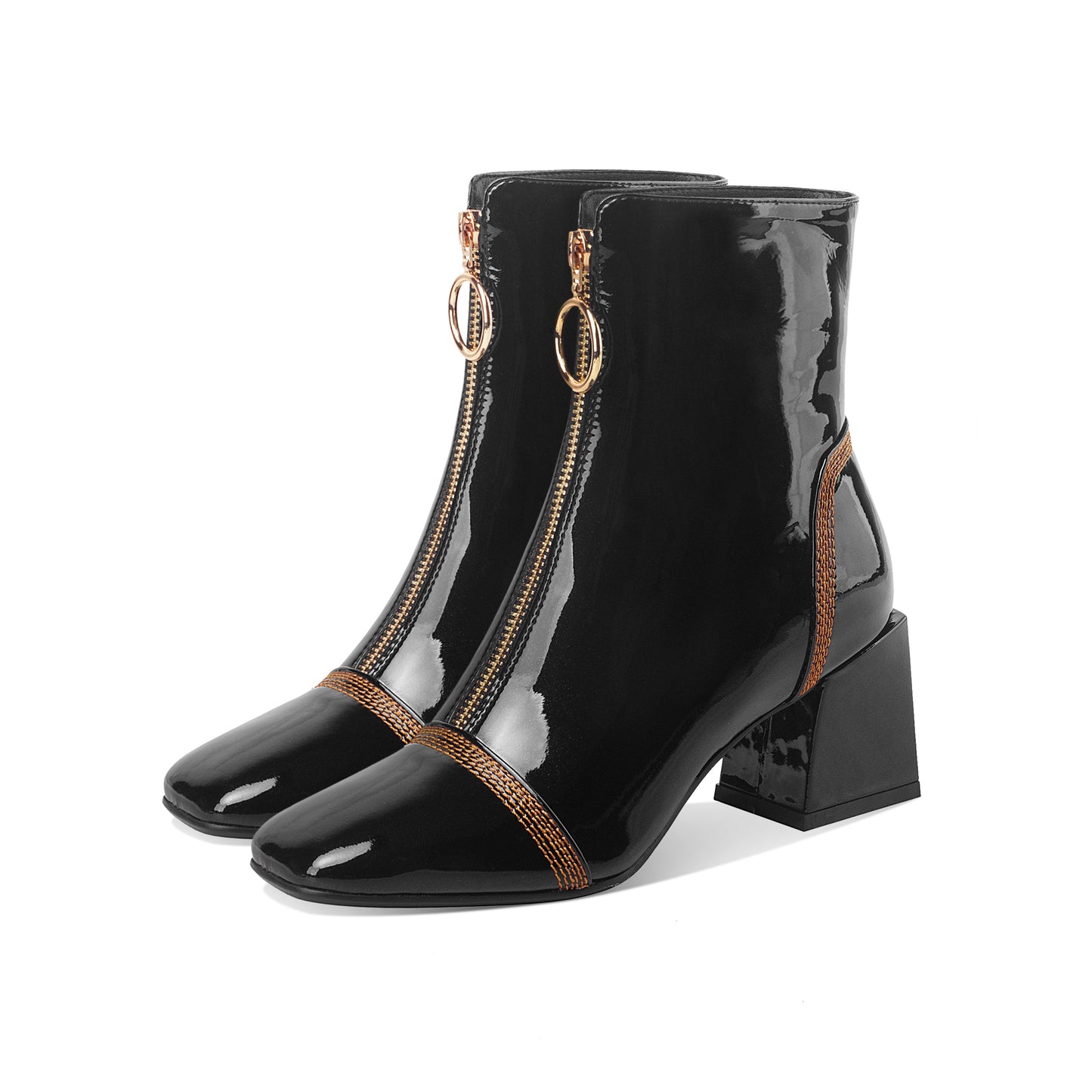 Nine Seven Women's Patent Leather Square Toe Handmade Front Zipper Mid Chunky Heels Trendy Ankle Boots