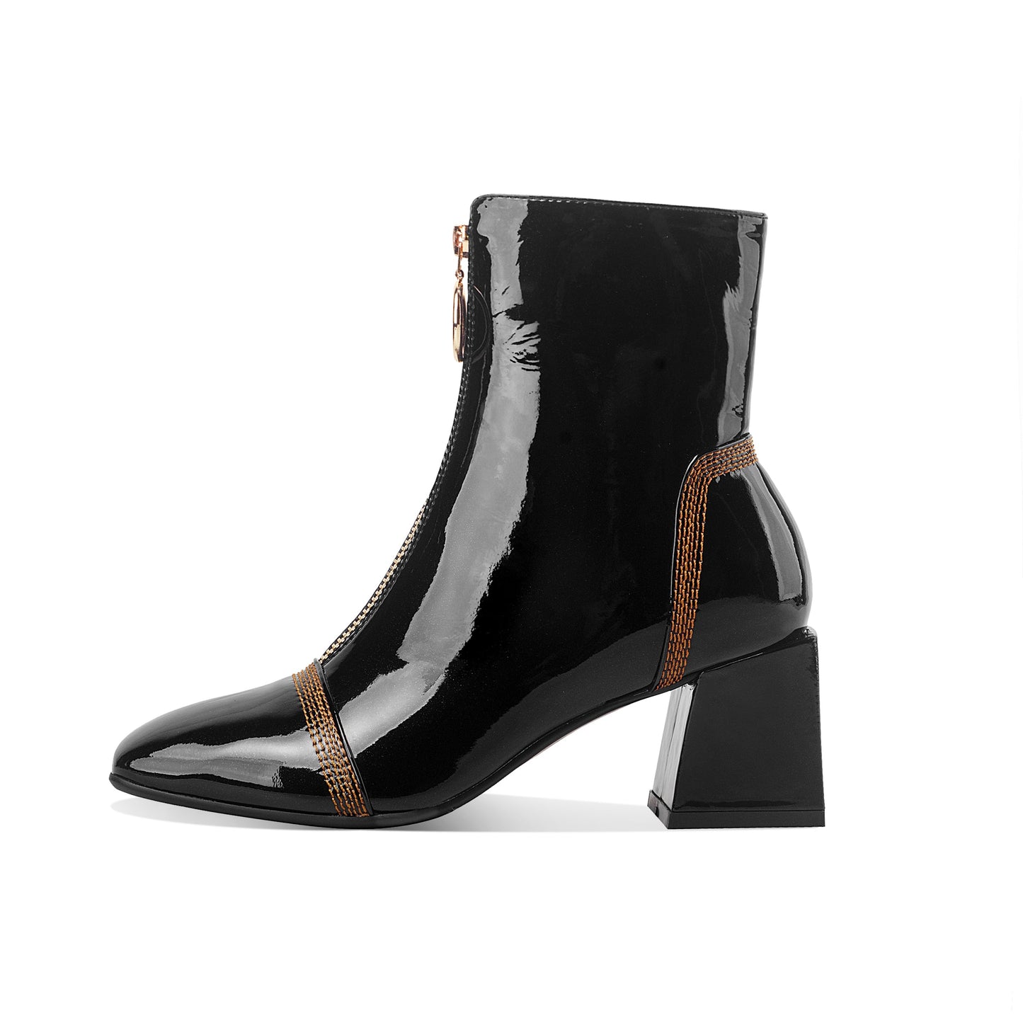 Nine Seven Women's Patent Leather Square Toe Handmade Front Zipper Mid Chunky Heels Trendy Ankle Boots