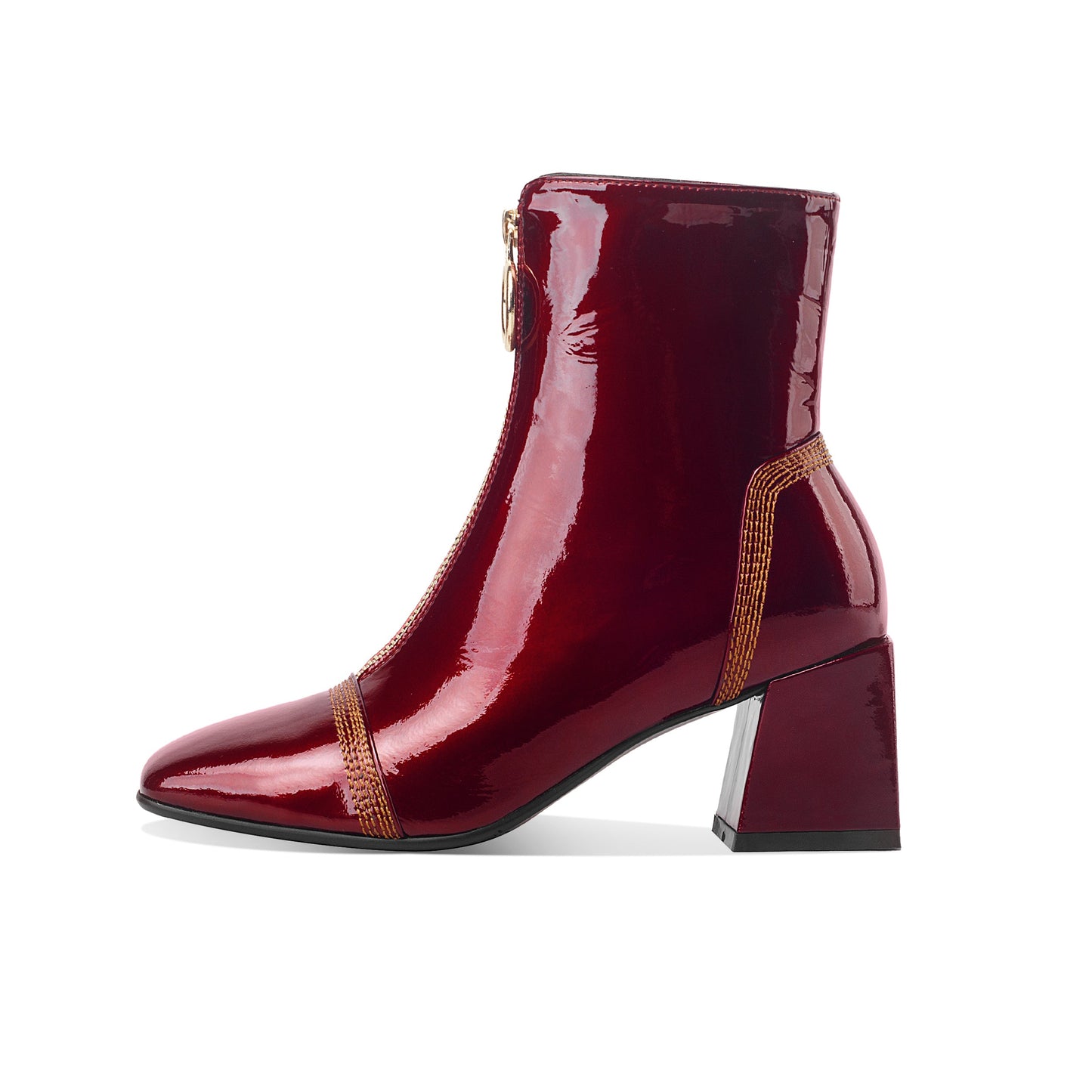 Nine Seven Women's Patent Leather Square Toe Handmade Front Zipper Mid Chunky Heels Trendy Ankle Boots