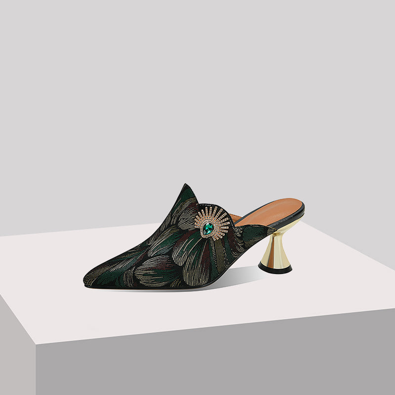 Nine Seven Women's Pointed Toe Handmade Genuine Leather Mid Heel Stylish Sandal Slippers with Buckle Decor