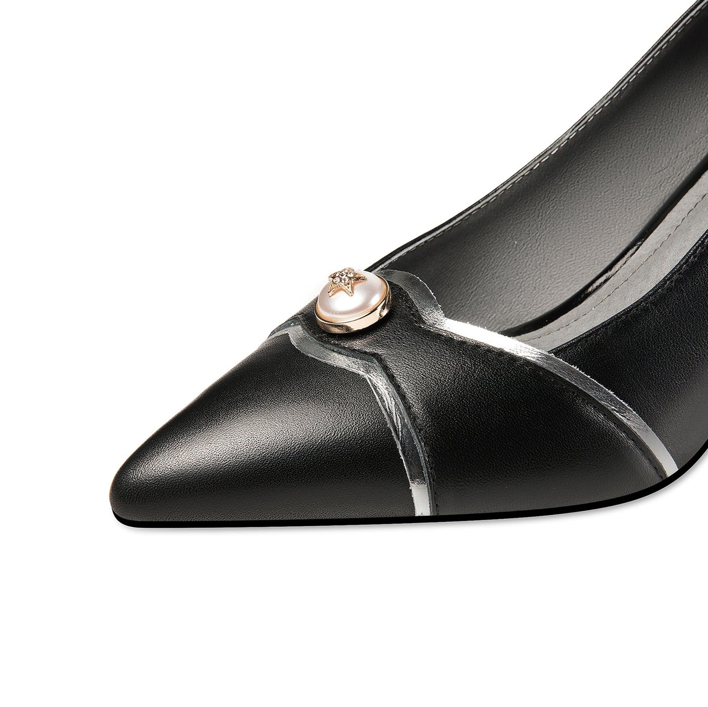 Nine Seven Women's Handmade Genuine Leather Pointed Toe Sexy Metal Kitten Heel Pumps with Glitter Star Pearl