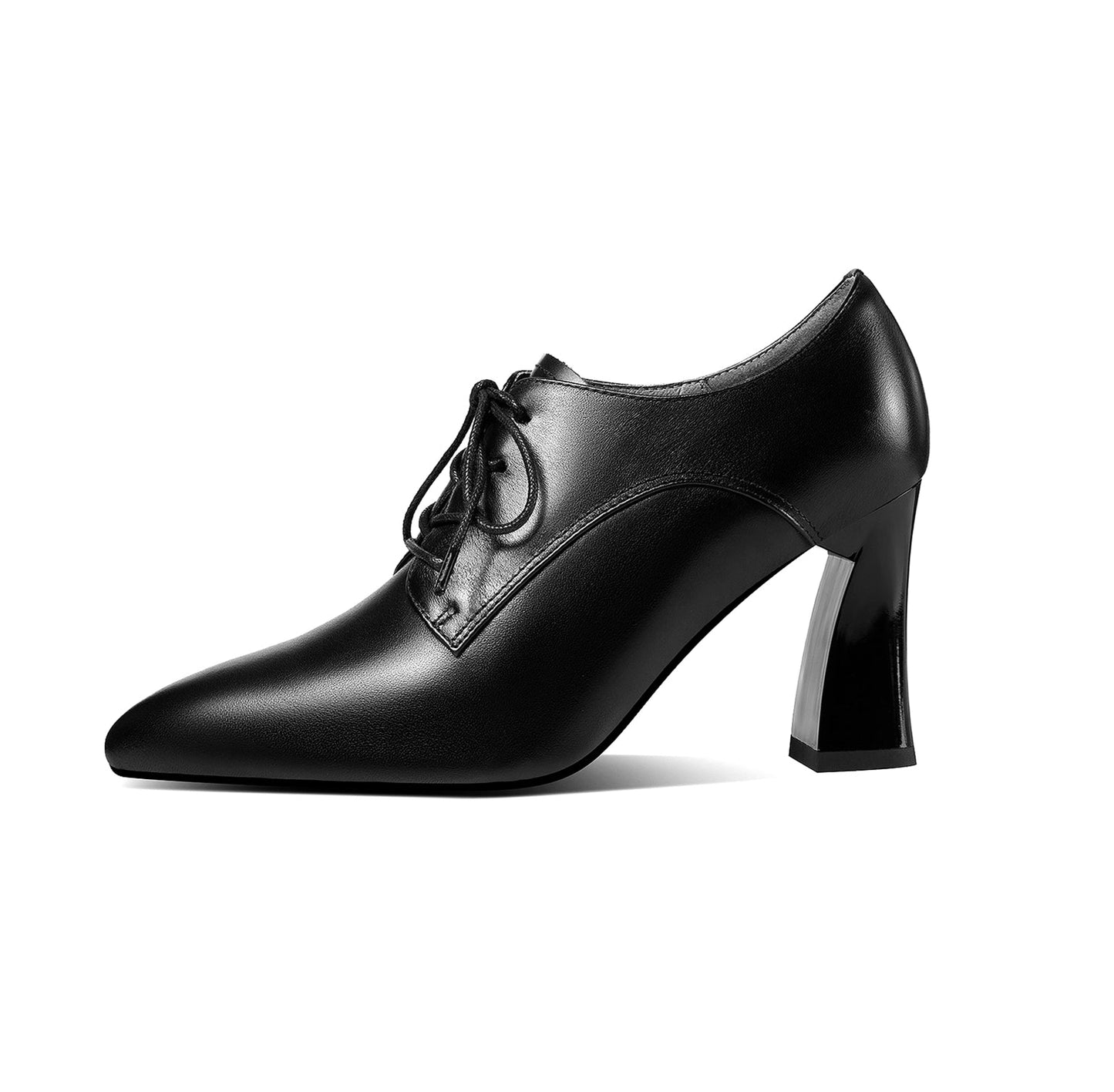 Nine Seven Women's Genuine Leather Handmade Pointed Toe High Chunky Heel Lace Up Stylish Oxford Pumps