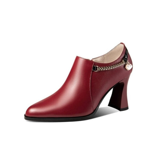 Nine Seven Women's Genuine Leather Handmade Spool Heel Pointed Toe Side Zip Elegant Oxford Pumps with Exquisite Heart Pendant