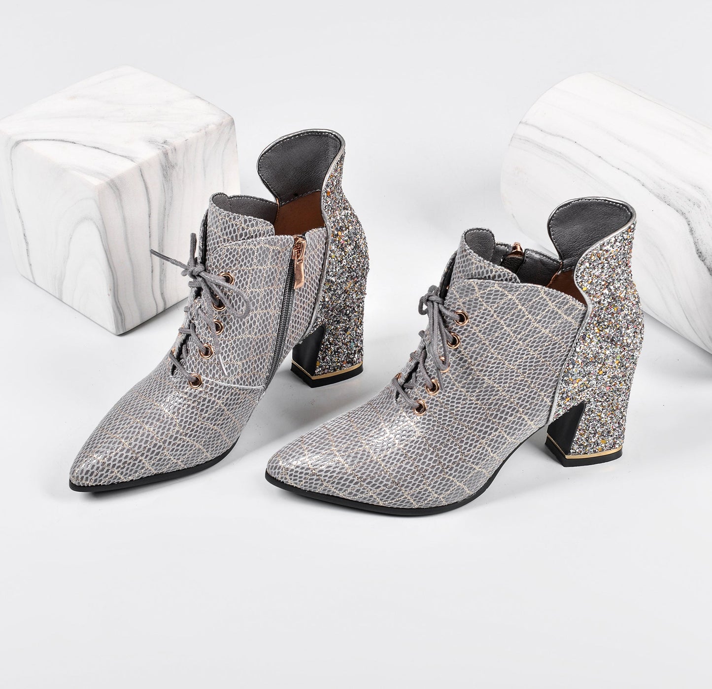 Nine Seven Genuine Leather Pointed Toe Handmade Lace Up Side Zipper Chunky Heels Stylish Booties