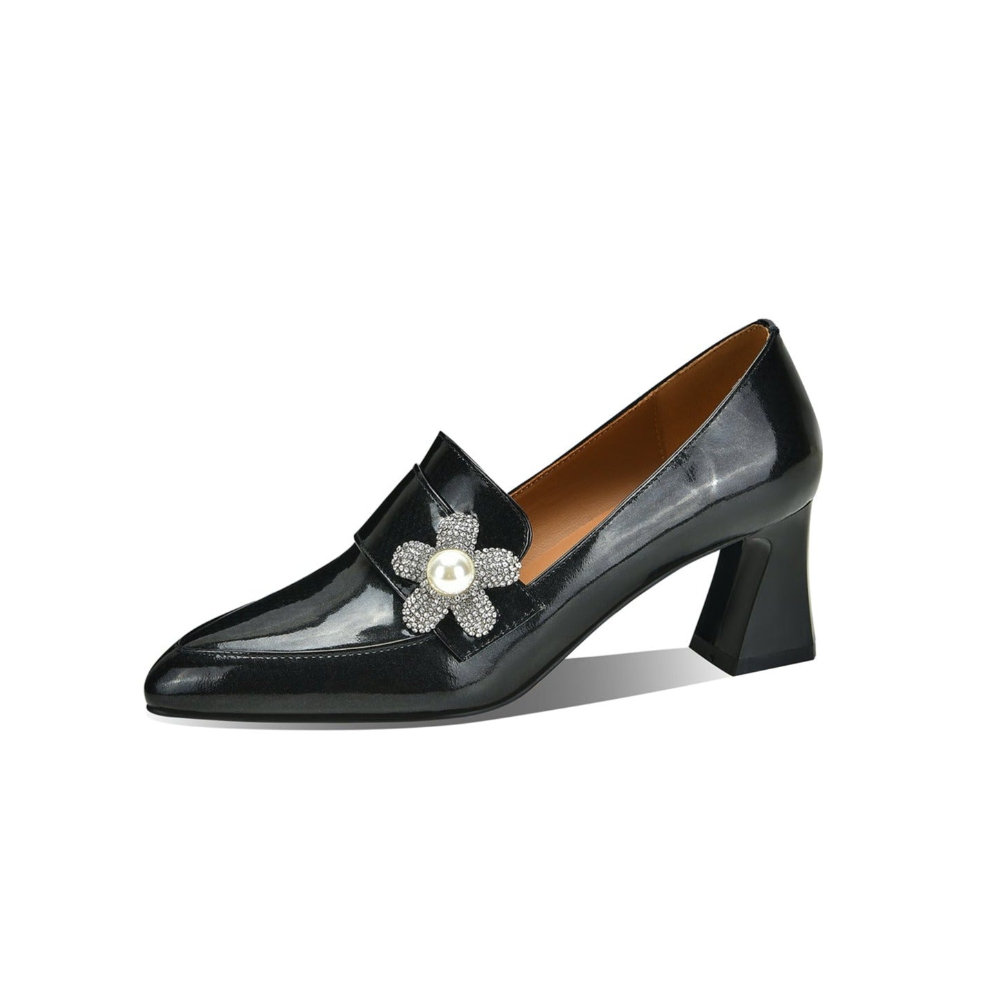 Nine Seven Handmade Women's Patent Leather Pearl Rhinestones Floral Slip On Pointed Toe Mid Chunky Heel Loafer Shoes