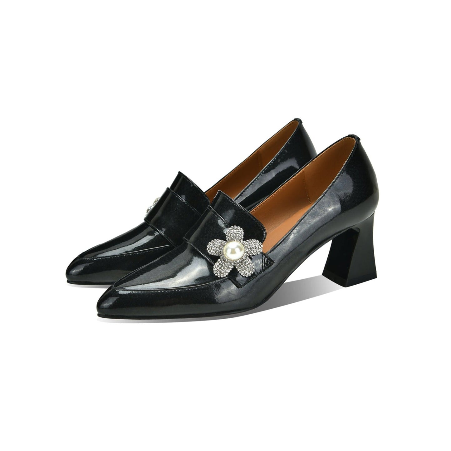 Nine Seven Handmade Women's Patent Leather Pearl Rhinestones Floral Slip On Pointed Toe Mid Chunky Heel Loafer Shoes