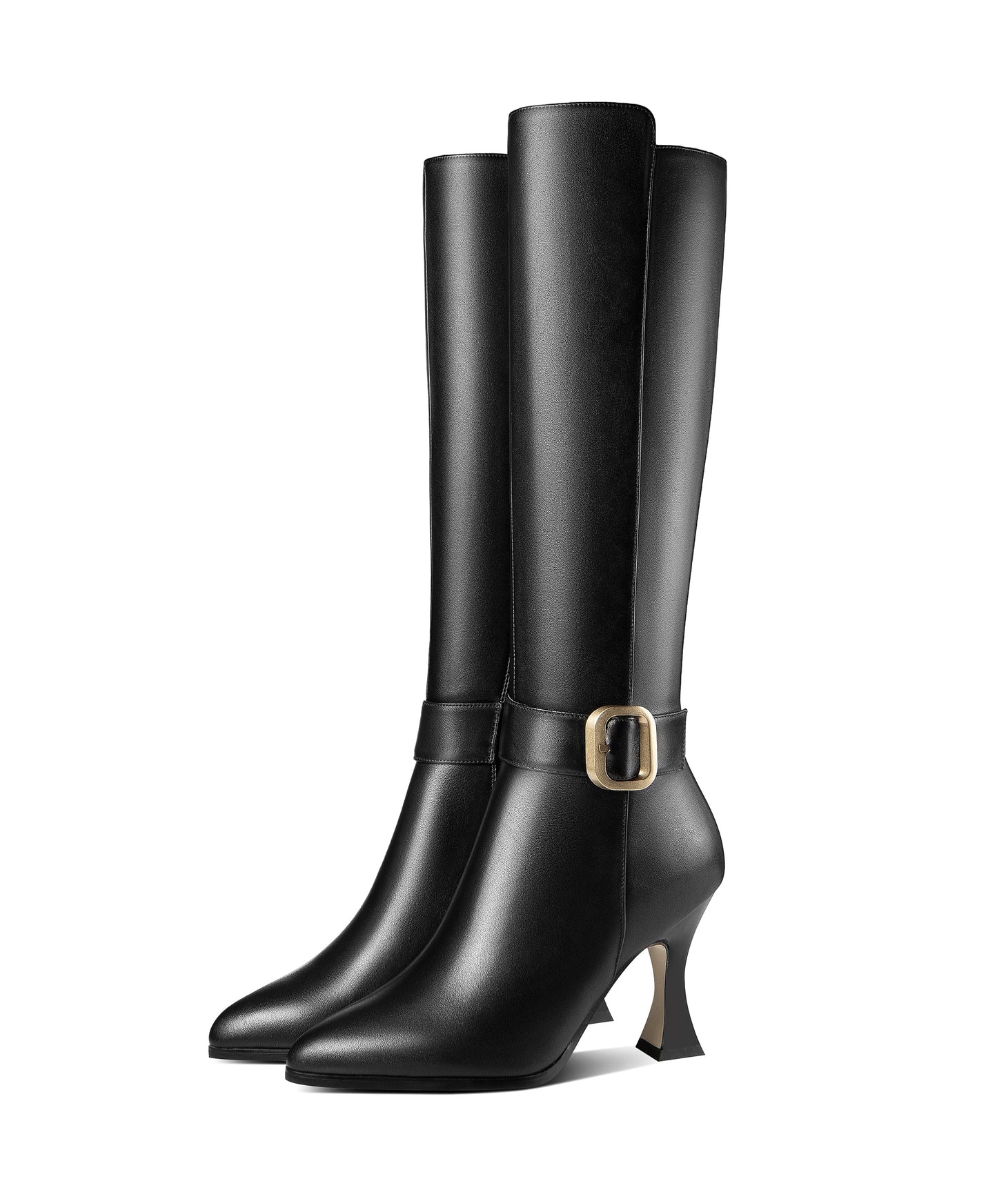 Nine Seven Handmade Women's Genuine Leather High Heel Side Zip Up Belt Decor Pointed Toe Black Knee-High Boots