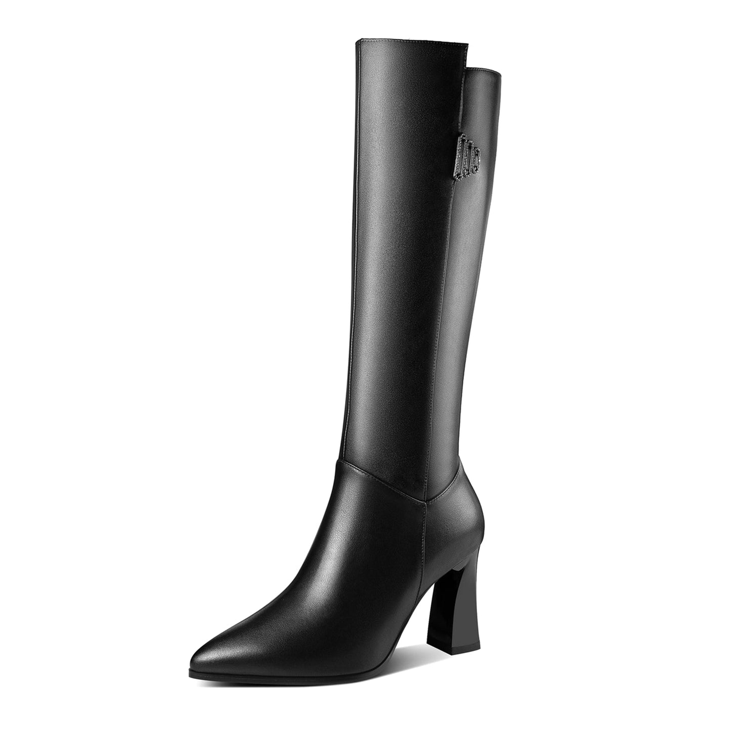 Nine Seven Women's Genuine Leather Handmade Pointed Toe Side Zip Up Knee High Boots with Spool Heel