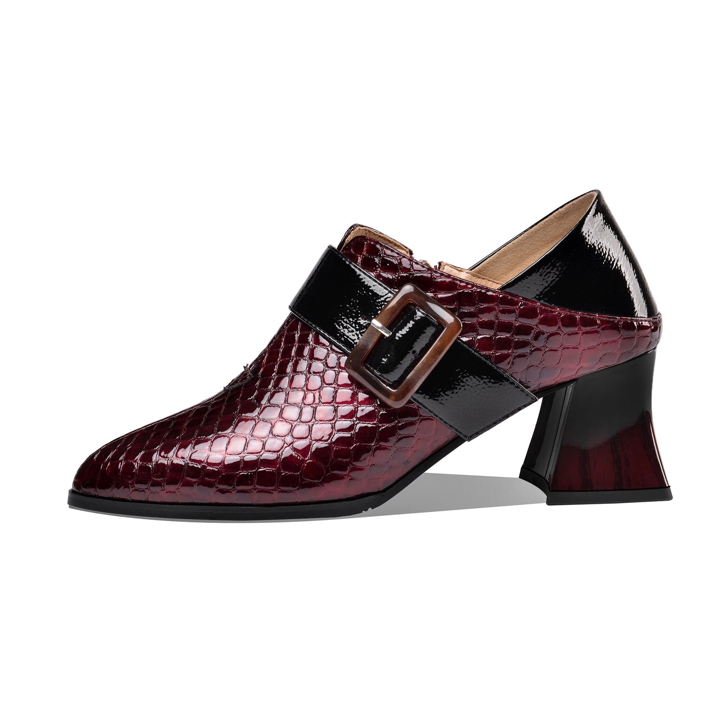 Nine Seven Women's Patent Leather Pointed Toe Handmade Side Zipper Mid Chunky Heels Stylish Pumps with Buckle