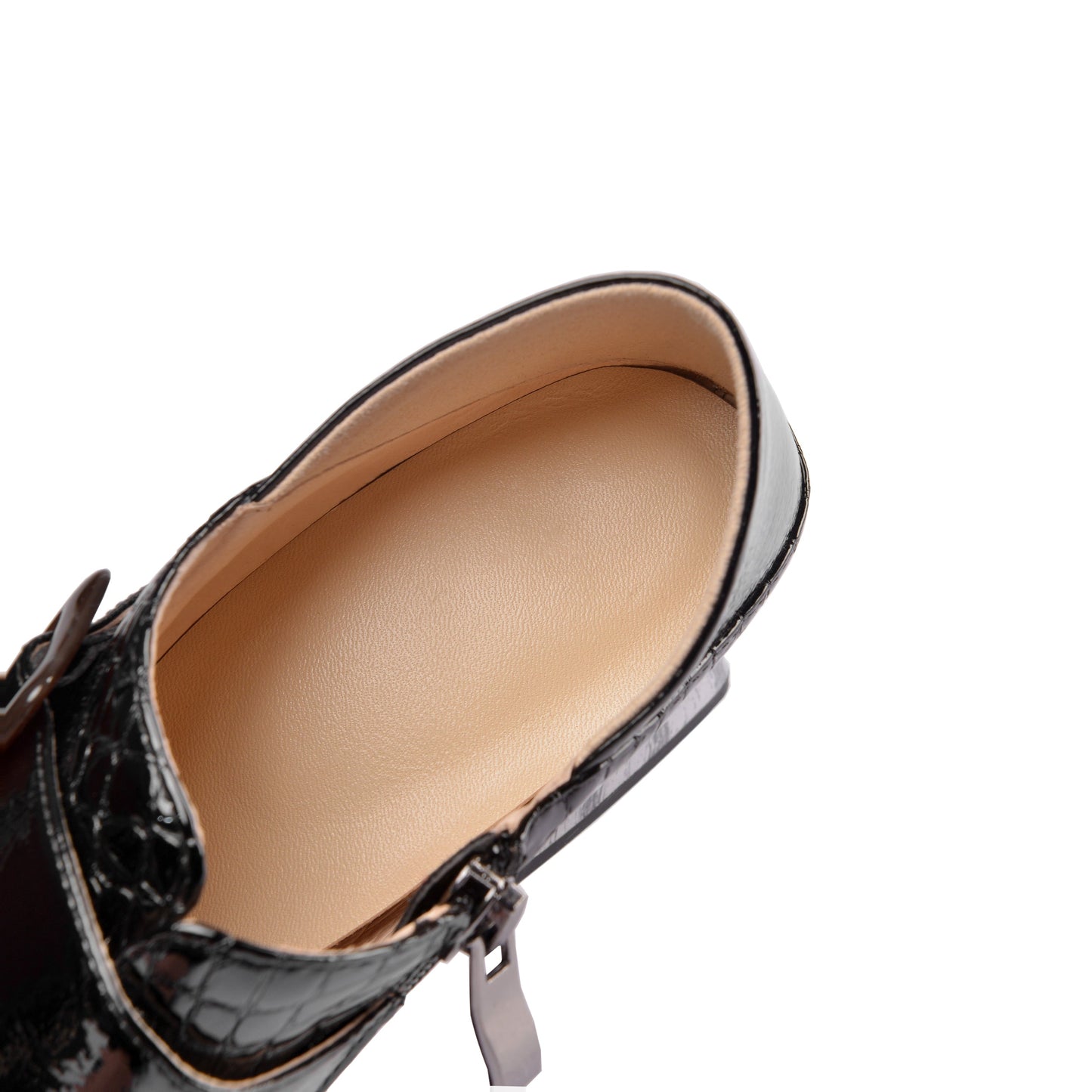 Nine Seven Women's Patent Leather Pointed Toe Handmade Side Zipper Mid Chunky Heels Stylish Pumps with Buckle