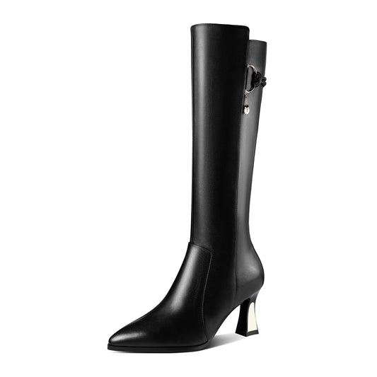 Nine Seven Handmade Women's Genuine Leather Side Zip Up Mid Heel Pointed Toe Stylish Knee High Boots