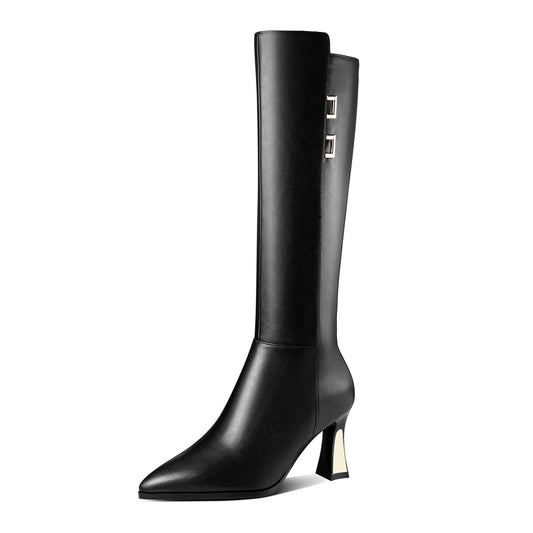 Nine Seven Handmade Women's Genuine Leather Mid Heel Side Zip Up Pointed Toe Stylish Knee High Boots