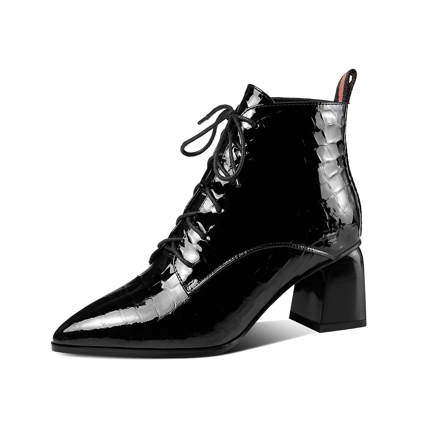 Nine Seven Patent Leather Women's Handmade Pointed Toe Block Heel Lace Up Stylish Ankle Booties