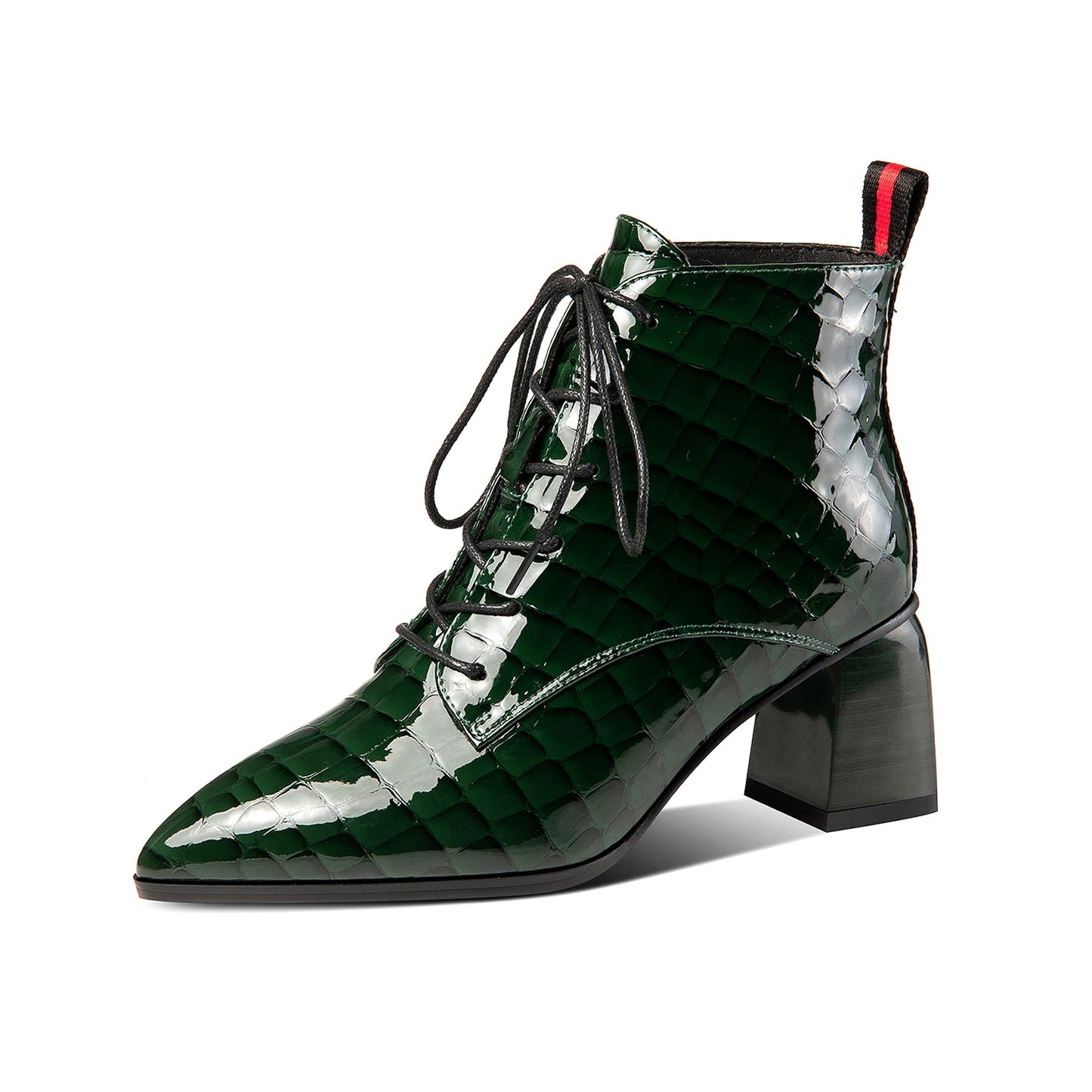 Nine Seven Patent Leather Women's Handmade Pointed Toe Block Heel Lace Up Stylish Ankle Booties