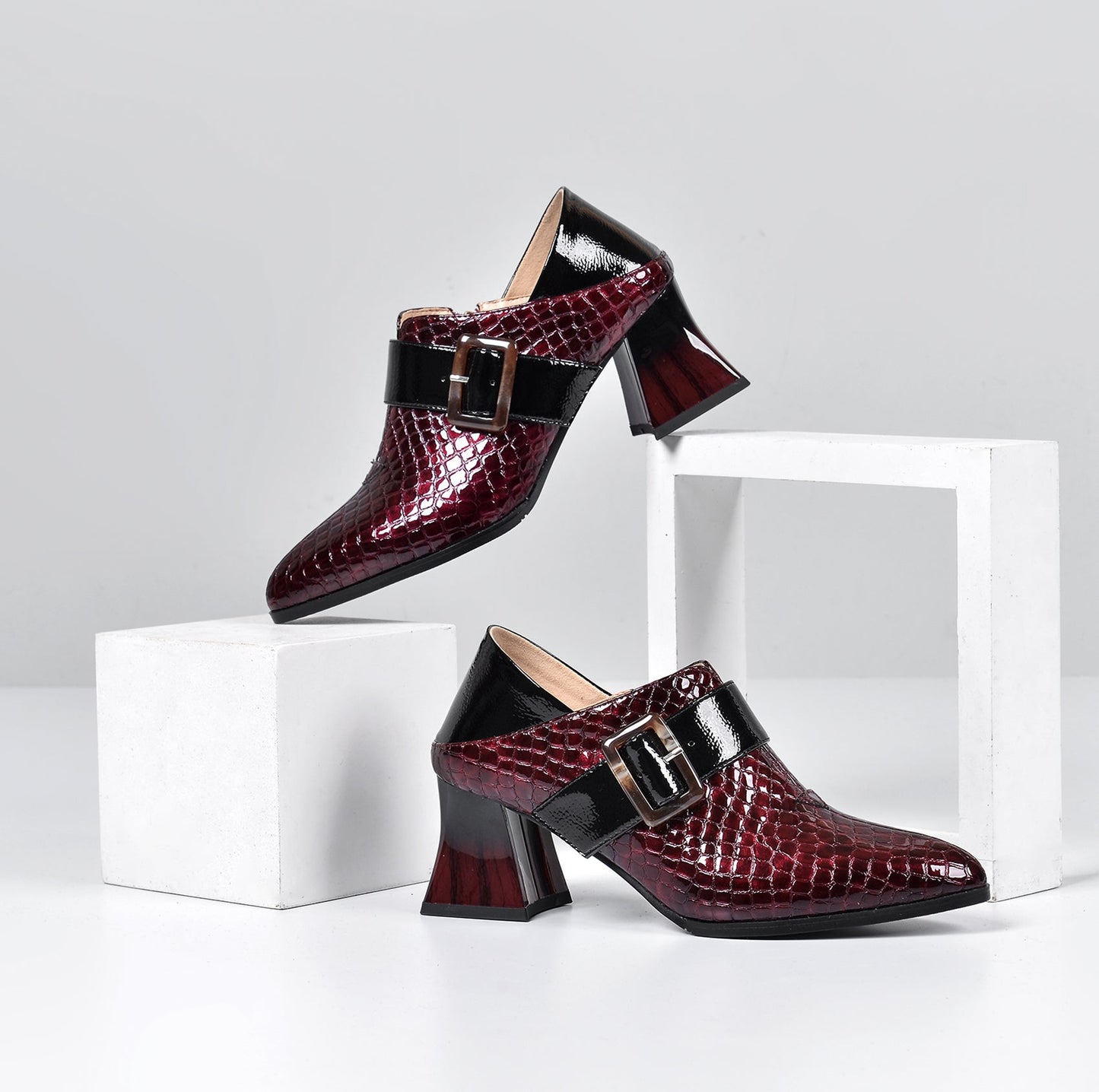 Nine Seven Women's Patent Leather Pointed Toe Handmade Side Zipper Mid Chunky Heels Stylish Pumps with Buckle