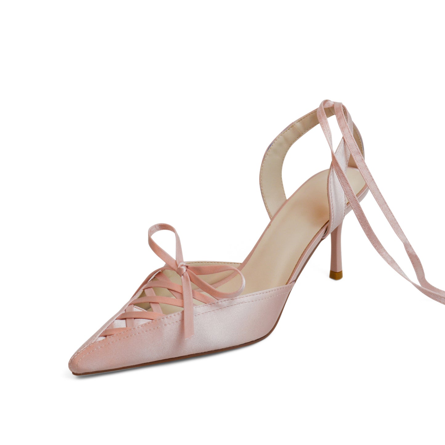 Nine Seven Lace Up Satin Handmade Women's Pointed Toe Spool Heel Calf Band Weeding Pumps Shoes