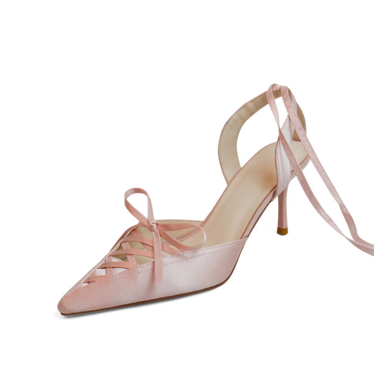 Nine Seven Lace Up Satin Handmade Women's Pointed Toe Spool Heel Calf Band Weeding Pumps Shoes